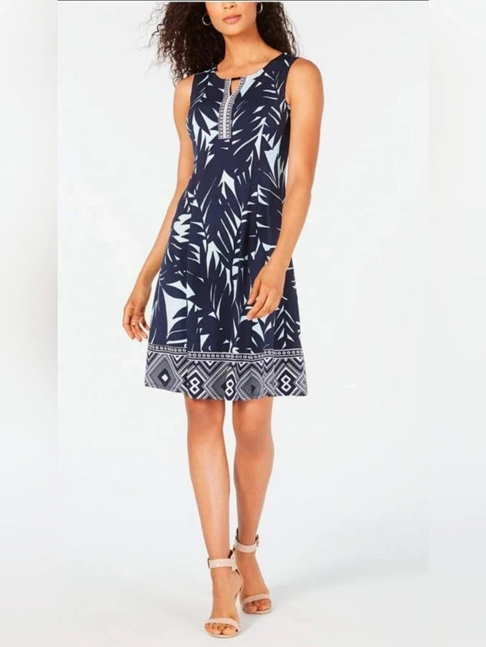 JM Collection plus size sleeveless A-line dress in navy and Lt Blue palm Print - Picture 1 of 11